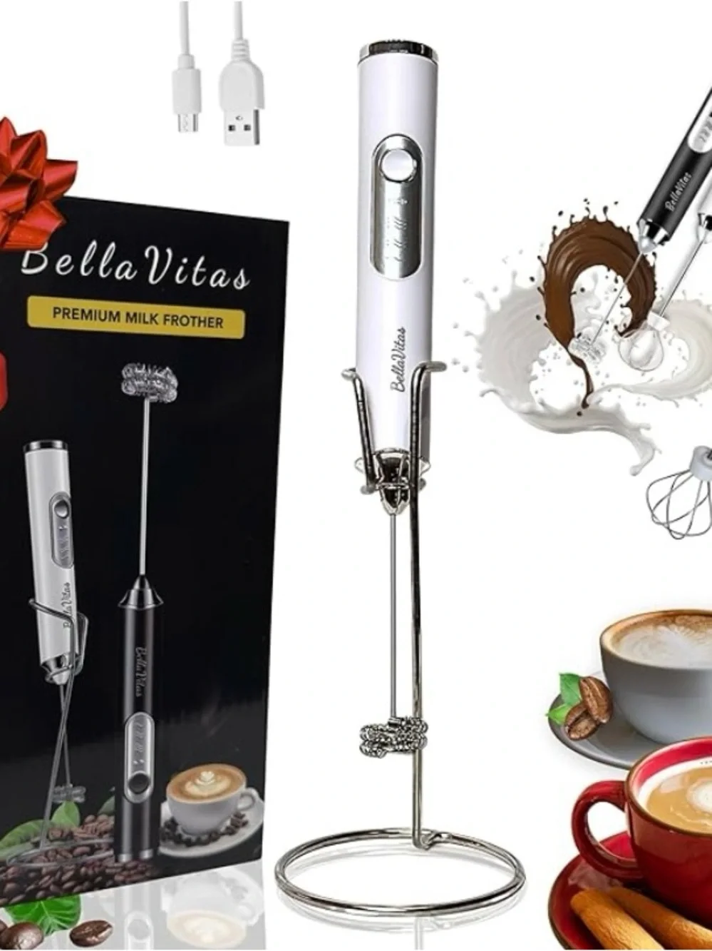 Bella Vita White Milk Frother - Rechargeable Handheld Foam Maker